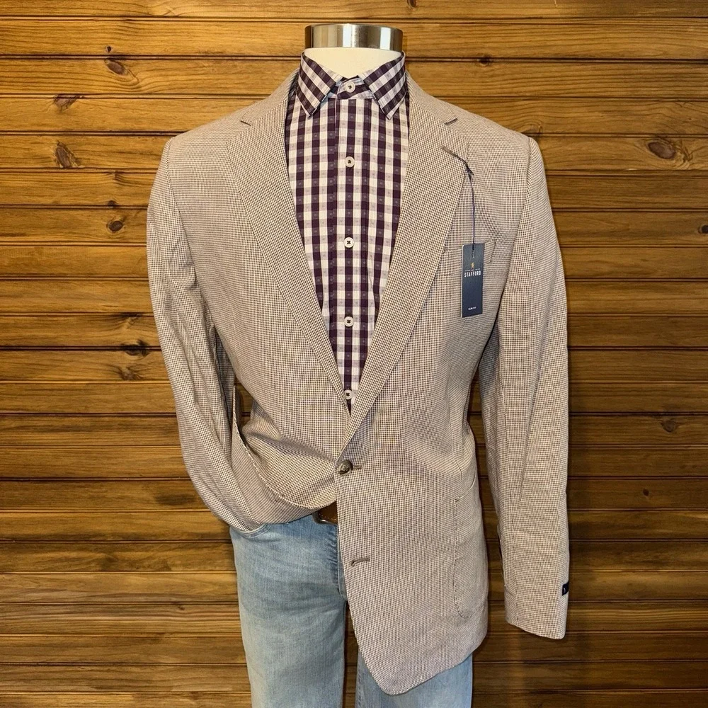 STAFFORD Mens Blazer Sport Coat Casual Jacket Size 46L Linen Cotton Suit NEW